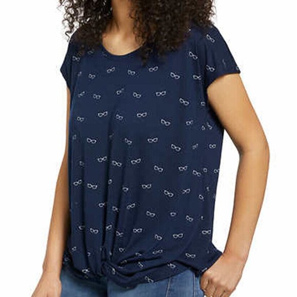 IZOD Tops - Izod Women's Printed T Shirt Crew Neck Cap Sleeve Twist Hem (Blue, XX-Large)